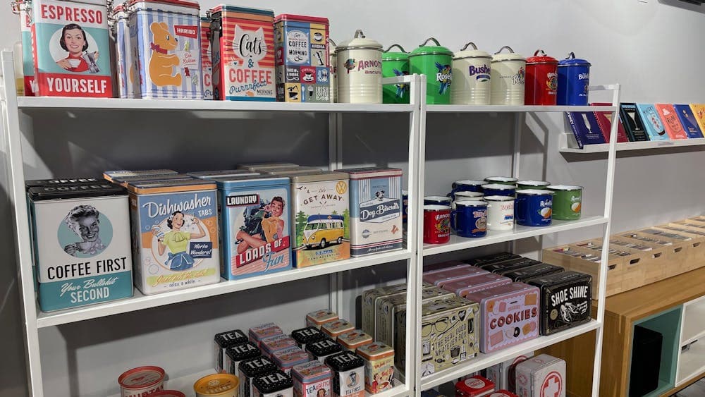 Retro tins and kitchen storage add nostalgic style to Pom Pom Store.