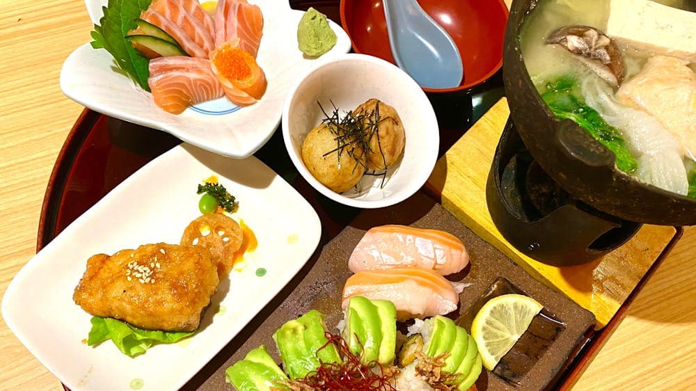 - Teriyaki Salmon or Teriyaki Chicken - Takoyaki  - Salmon Sashimi - Sushi - Hot pot