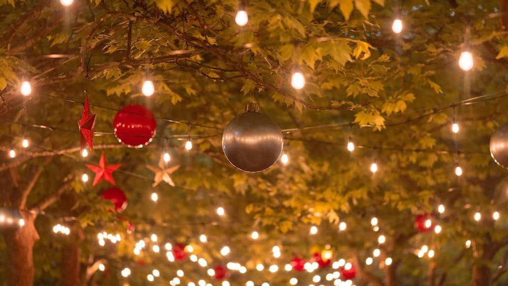 Christmas lights and baubles hanging off trees.