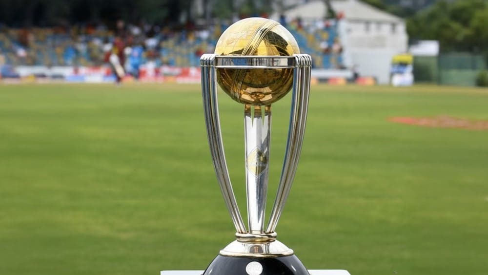 ICC Cricket World Cup Trophy on display at a cricket ground
