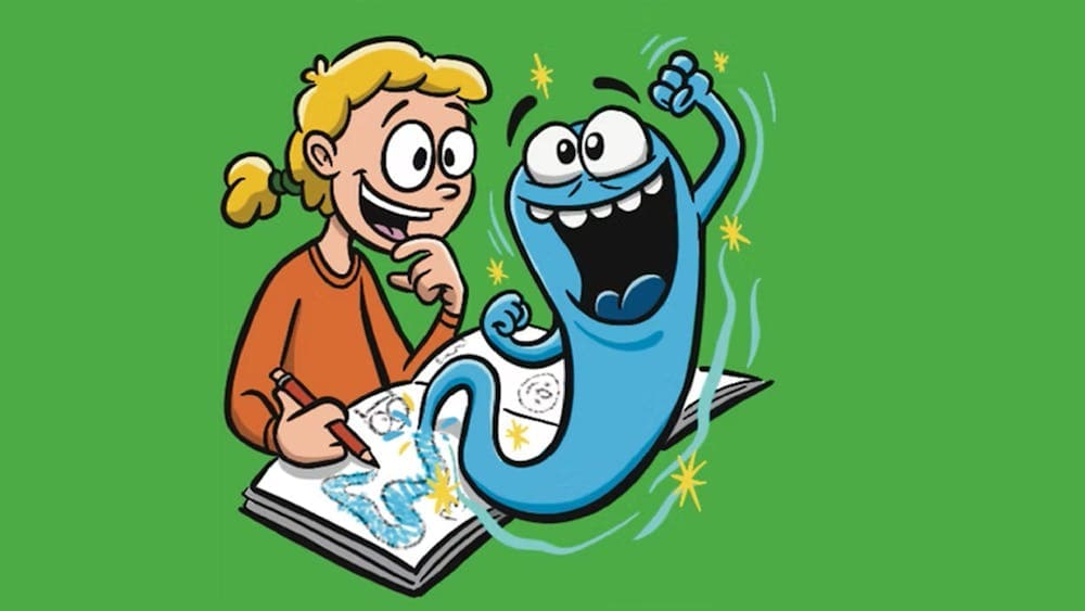 A cartoon of a child drawing a blue creature that is coming to life off the page