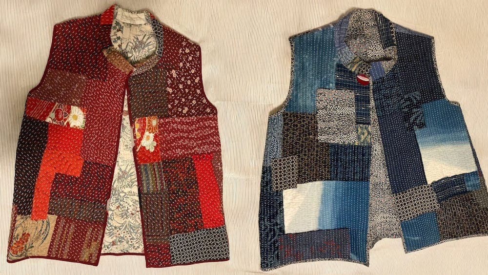 Two vests stitched in the sashiko and boro techniques