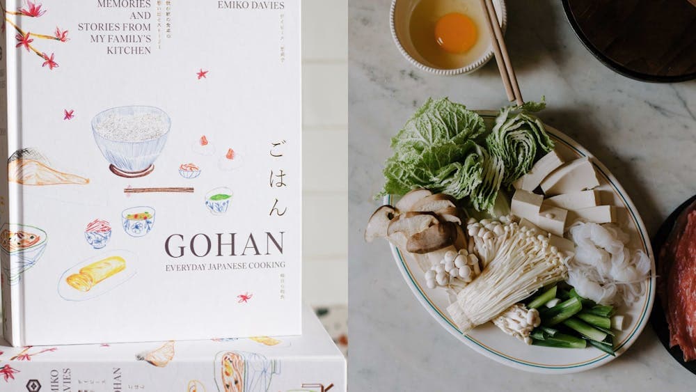 The cover of the cookbook Gohan and a photograph of ingredients