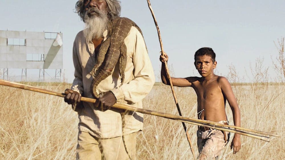 Older Aboriginal man and Aboriginal boy walking through long grass in the sun