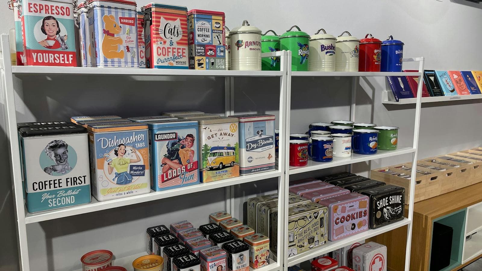 Retro tins and kitchen storage add nostalgic style to Pom Pom Store.