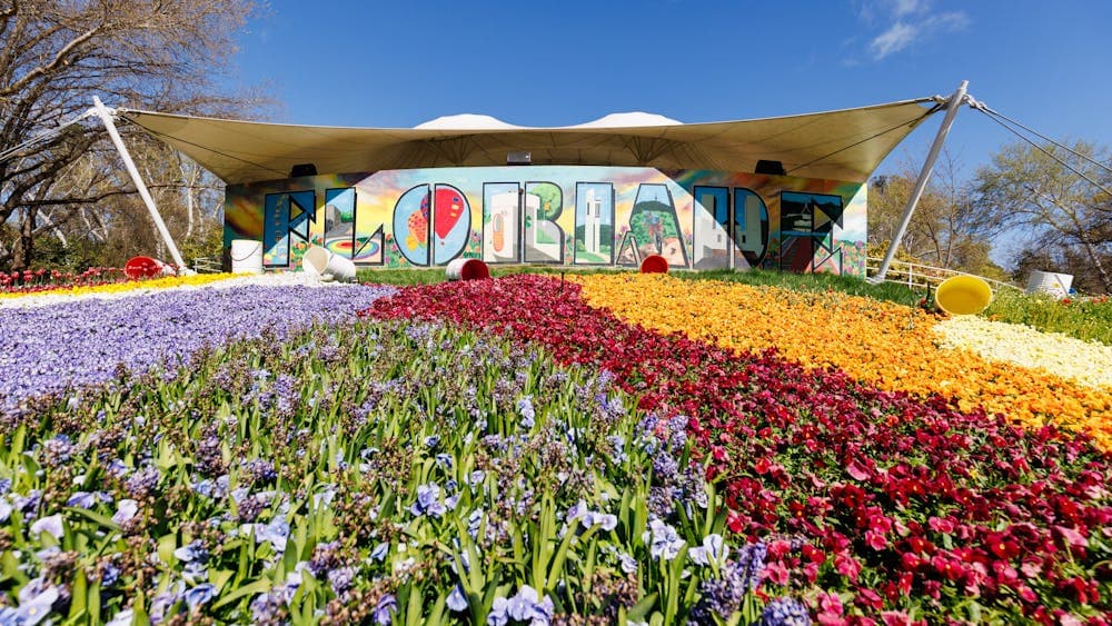 Floriade blooms in front of the iconic 'Floriade' mural