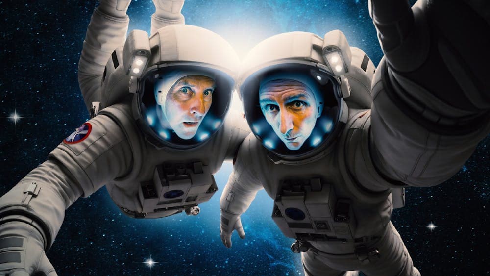 Comedians Colin Lane and Frank Woodley Floating in space looking surprised