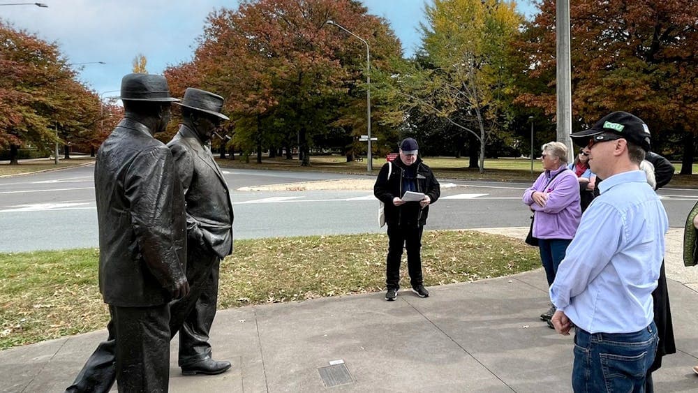 Walking tour observing sculptures of Curtin & Menzies in Barton