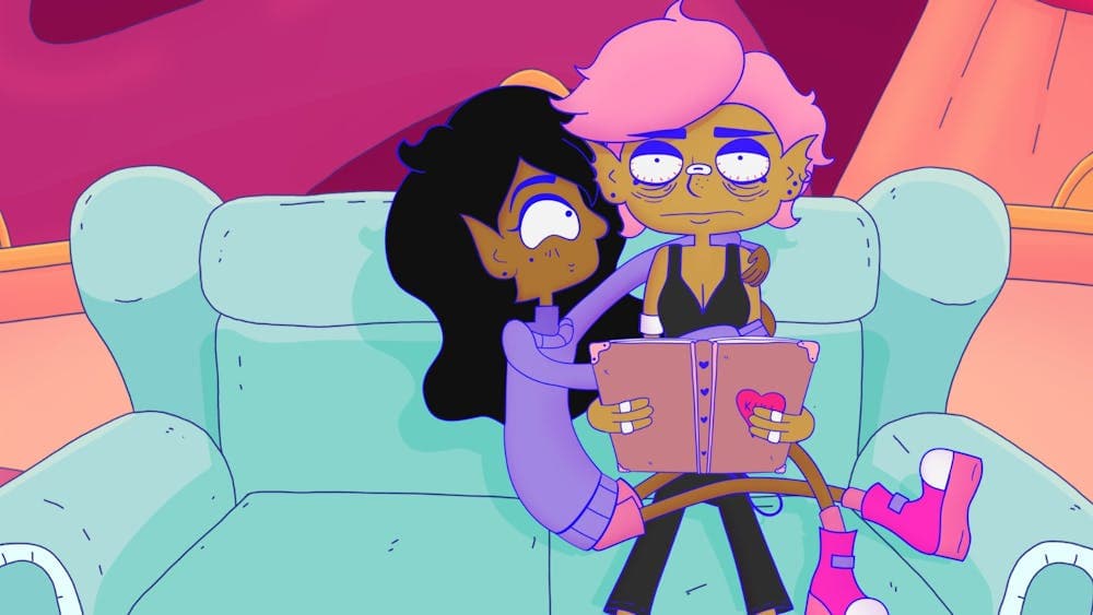 Animation of one figure sitting in the lap of another figure who is reading and looking tired