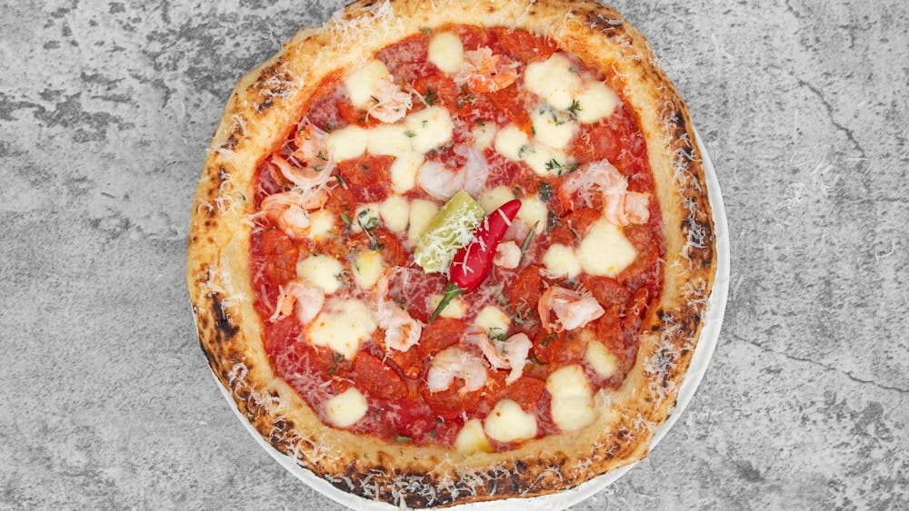 San Marzano Tomatoes, Fior de latte, Garlic King Prawn, Chorizo, Spicy Hot Peppers & Parsley