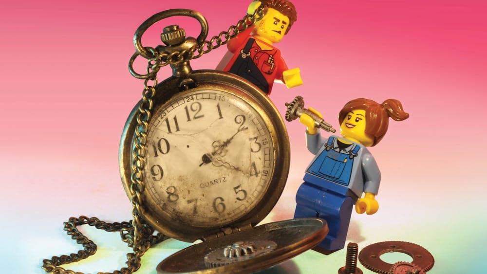 RELICS hero image featuring two miniature lego figures interacting with vintage stopwatch