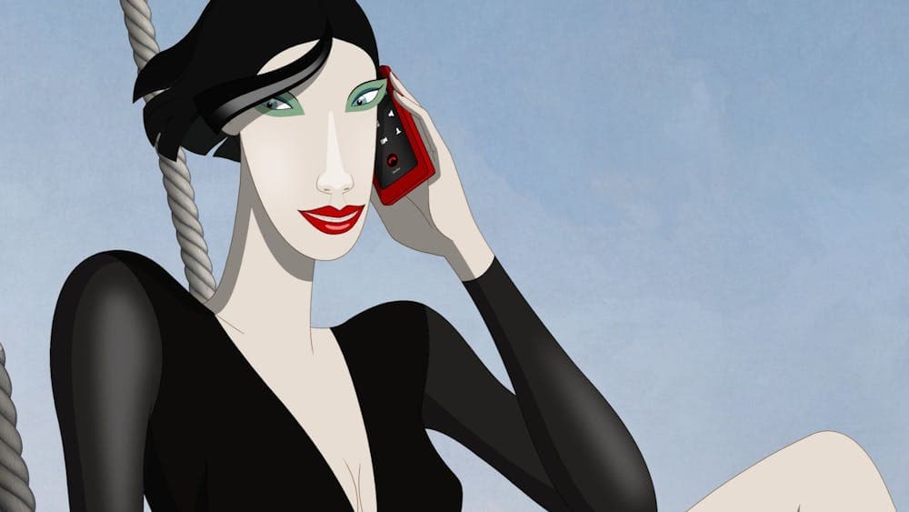 Animation of a woman with black hair and black top talking on a red mobile phone
