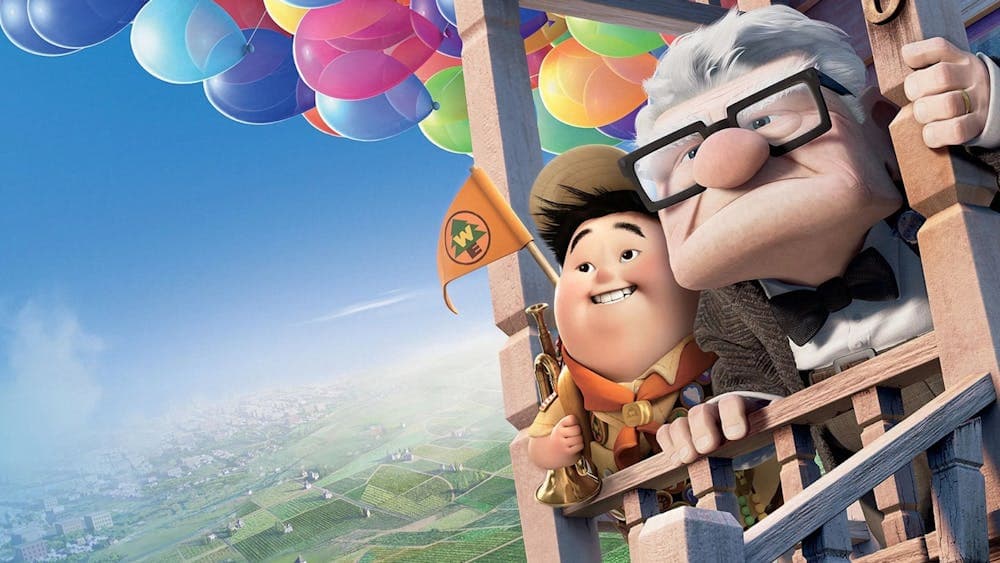 Young boy and old man animation in hot air balloon together