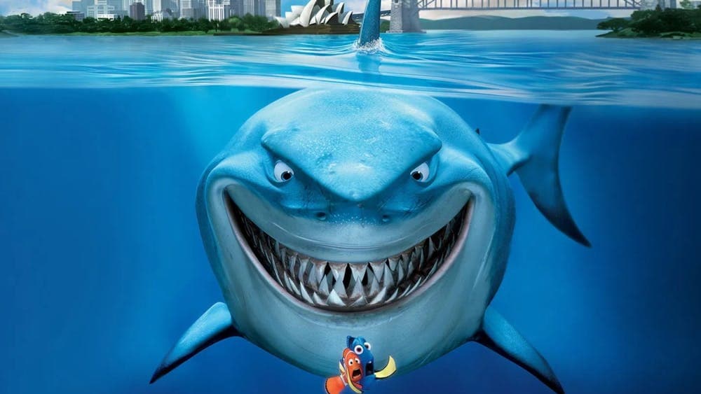 Large shark grinning while baring teeth and hunting small fish
