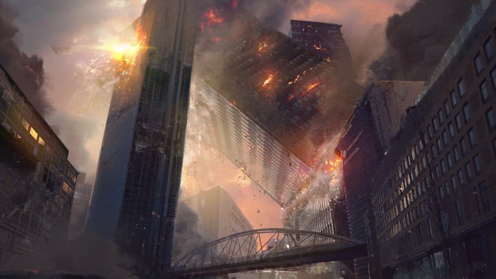 Image of a world on fire with buildings falling and explosions