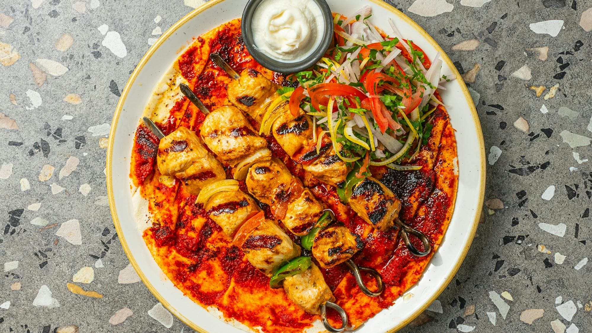 Shish Tawook marinated chicken breast skewers with chilli bread and garlic, menu at Azima Lebanese