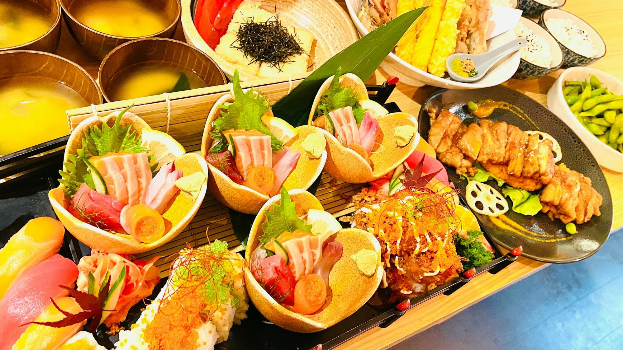 Edamame, Sushi, Sashimi, Age dashi tofu, Miso soup, Rice, Teriyaki Chicken , Assorted Tempura