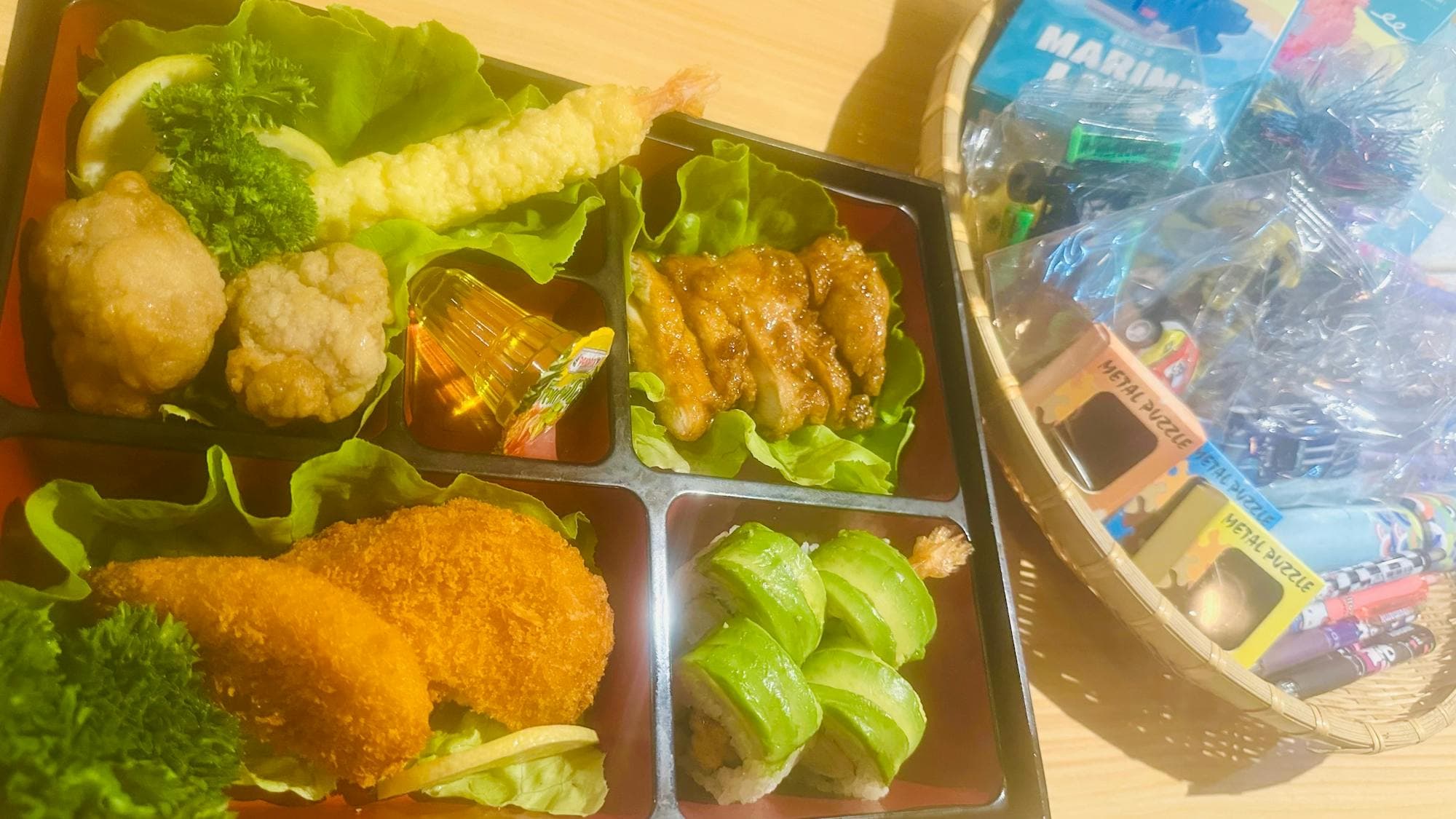 -Bento box specially prepared for young children, *Teriyaki Chicken *Karagge *Tempura *Rice and Toy
