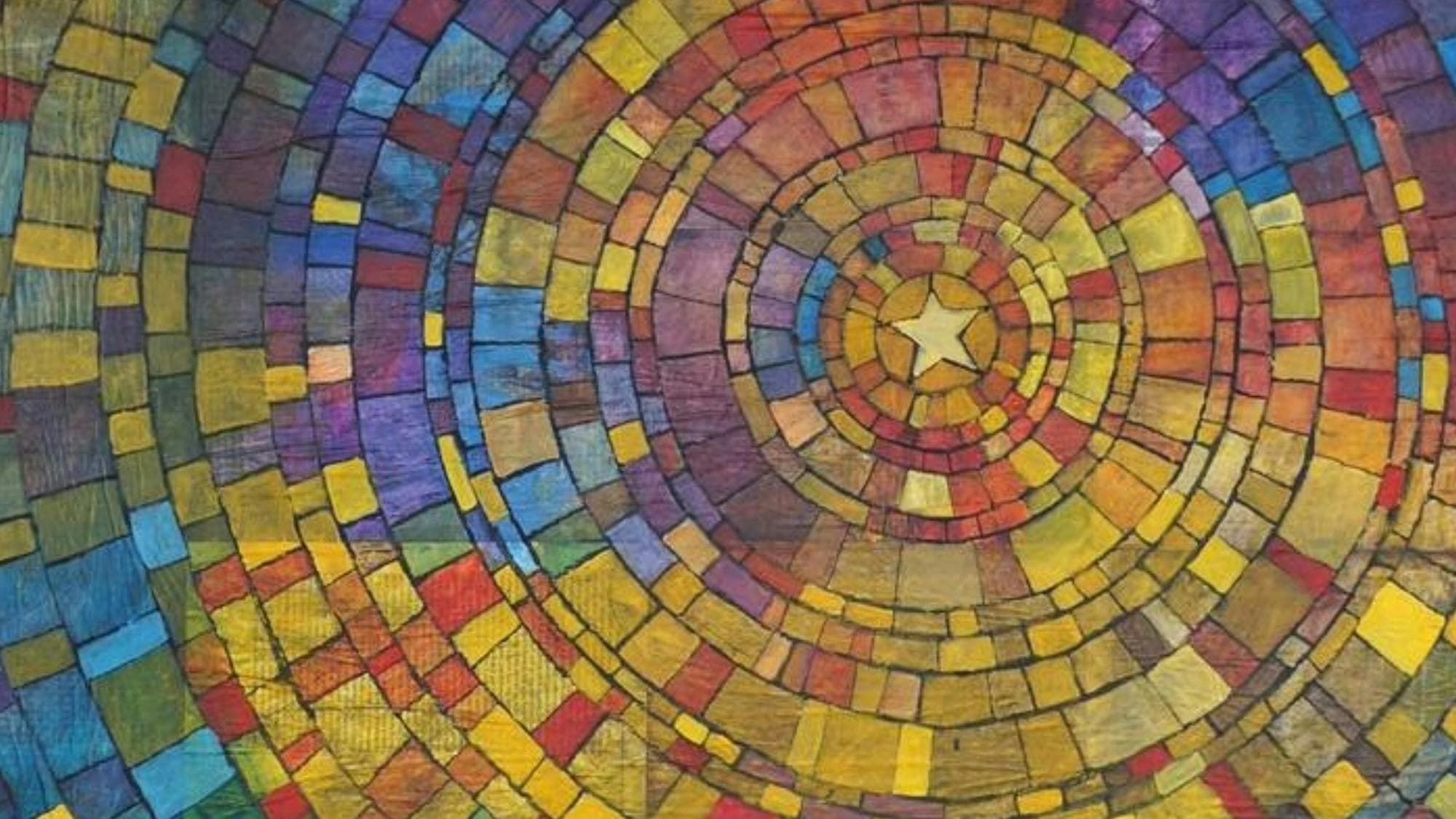 Mosaic of multicoloured concentric circles with a star at the centre